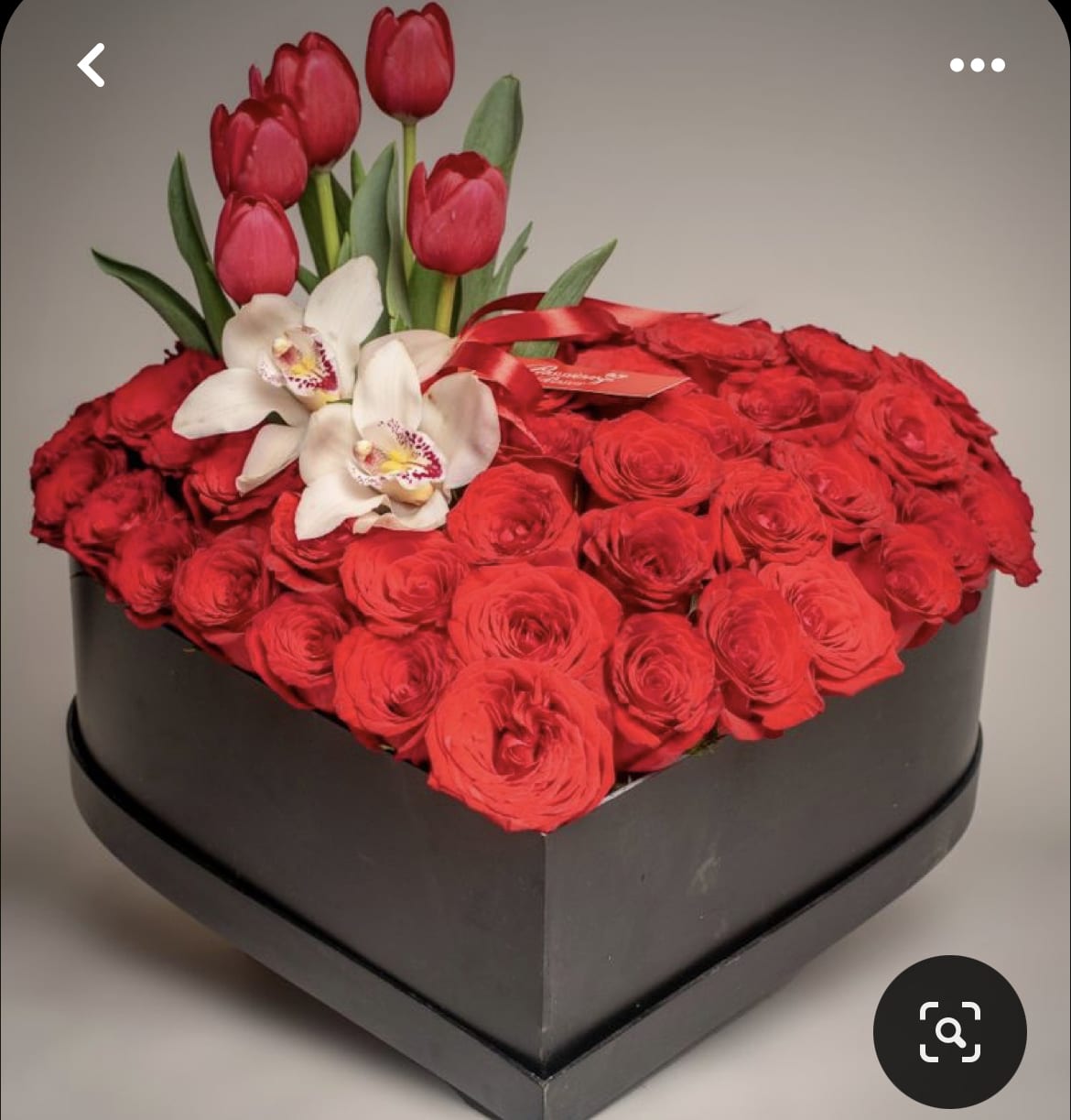 Heart black box. - red roses, orchids, tulips