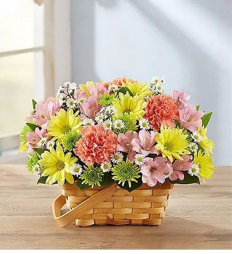 Fields of Europe Basket - Our charming arrangement captures the simple beauty of fresh-picked flowers. A delightful mix of blooms is hand-gathered inside a rustic handled basket, reminding someone you care about to take a moment out to enjoy life’s little pleasures. ** BASKET WILL VARY **