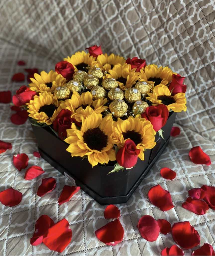 Hexagon Box of Sunflower and Red Roses with Chocolates - Hexagon Box of Sunflowers and Red Roses with Ferrero Rocher Chocolates 