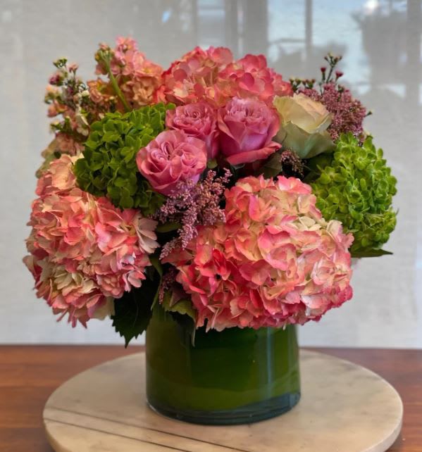 Fashionista - Beautiful Arrangement of cheerful and Brightful colors. Hydrangeas Pink and Green, Stock, Lavander and Pink Roses. 