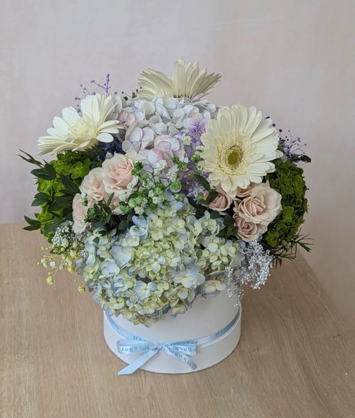 Sweet Beautiful Box  - White Box of Hydrangeas, Gerberas and Spray Roses with Accents of Colorful Baby Breath. **** Flower color may vary depending on availability ***