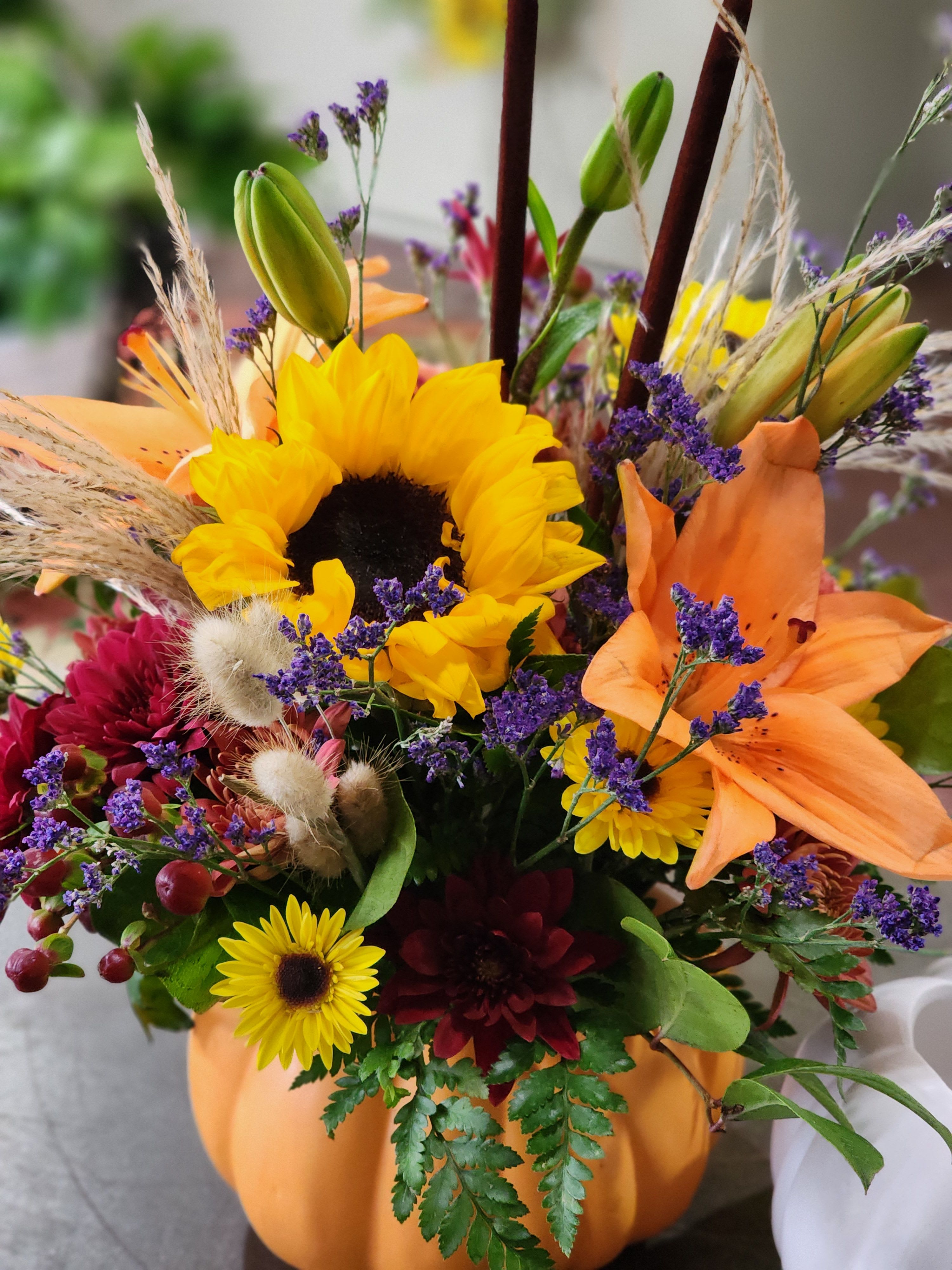 Pretty Pretty Pumpkin - Ceramic pumpkin, select orange or white pumpkin, filled with beautiful seasonal flowers will bring sunshine to anyone. **please note in special instructions if you have a preference of Pumpkin color **