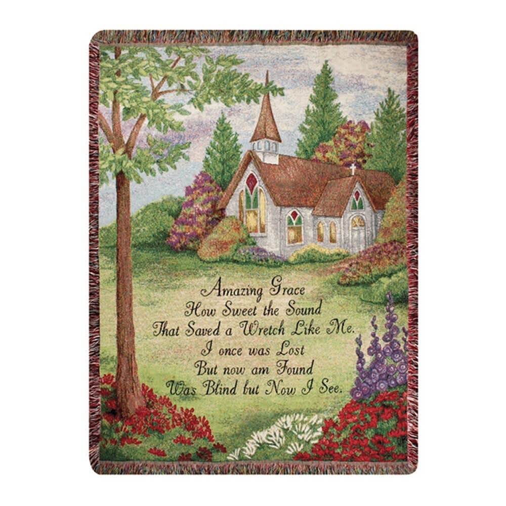 Decorative blanket with a church scene and printed hymn text