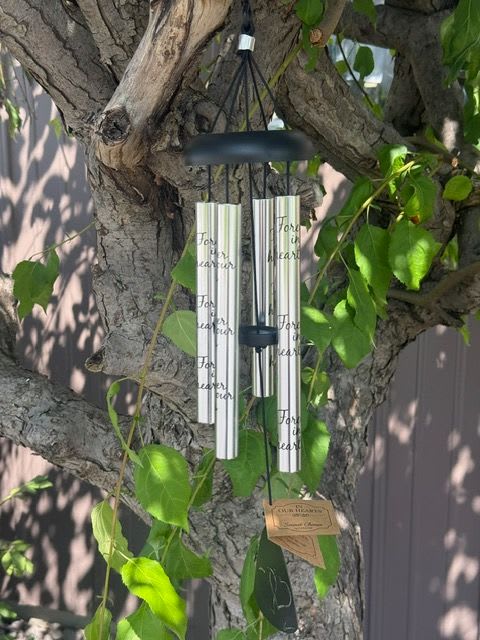 Silver wind chimes hanging from a tree branch among green leaves