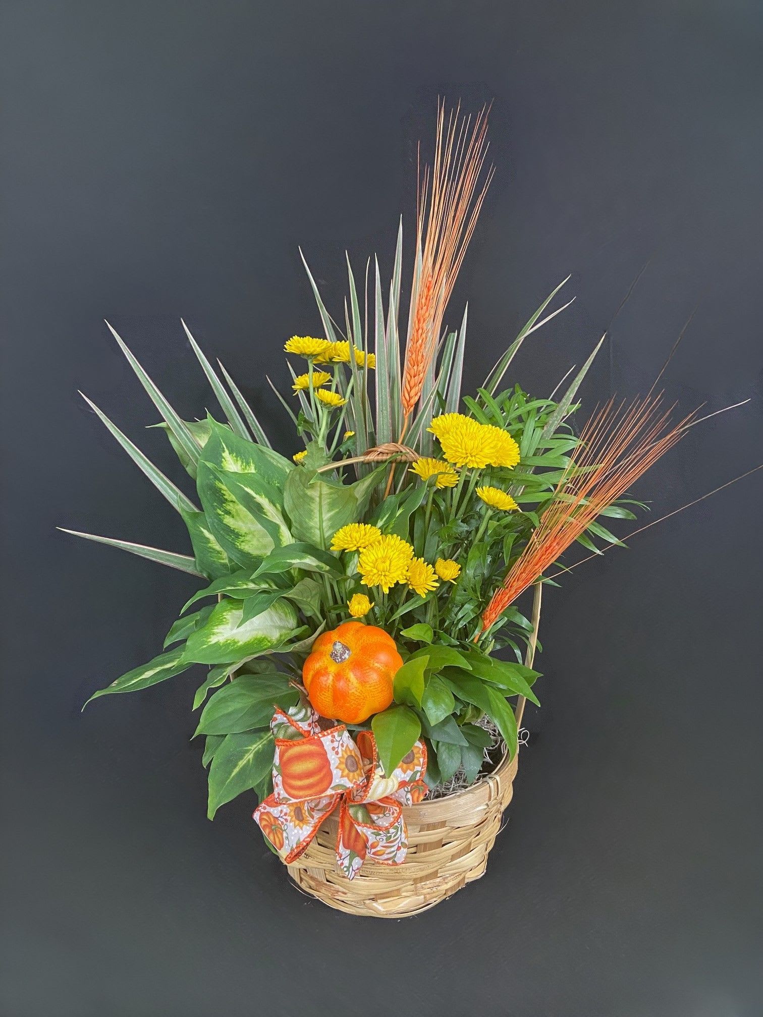 Pumpkin Patch Plant Basket - Pick a patch of plants and pumpkins with our Pumpkin Patch Plant Basket. Living plants packed into a festive wicker basket adorned with seasonal accents including ribbon, wheat, and an artificial pumpkin. Pick yours out today!