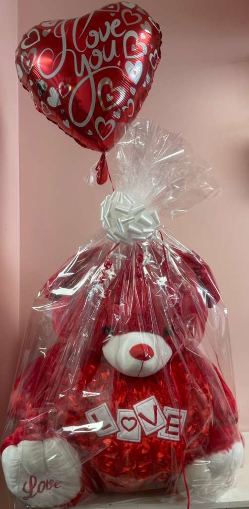 Red teddy bear gift with heart balloon and clear wrapping