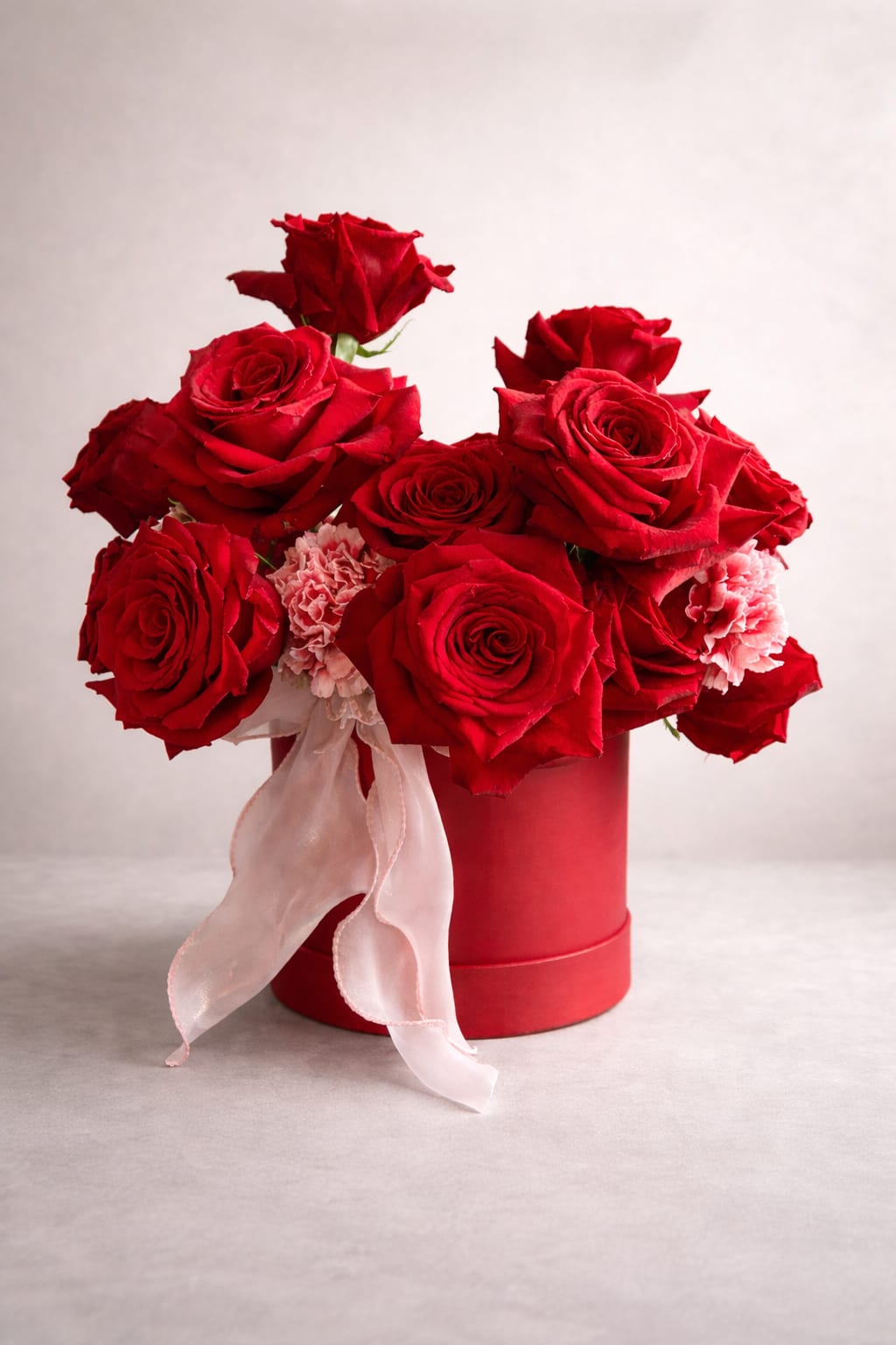 Red roses arranged in a round red box with a pale ribbon