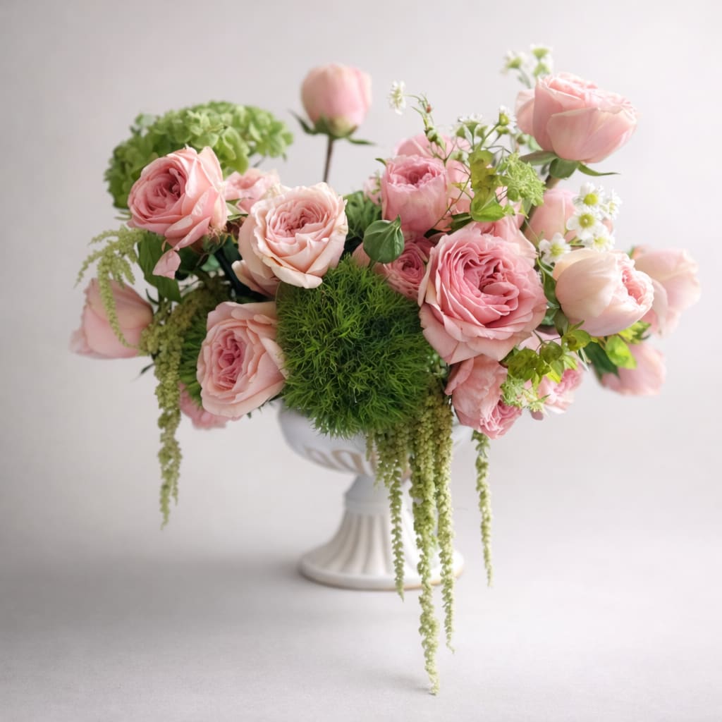 Low arrangement of pink roses and mixed blooms in a white pedestal vase