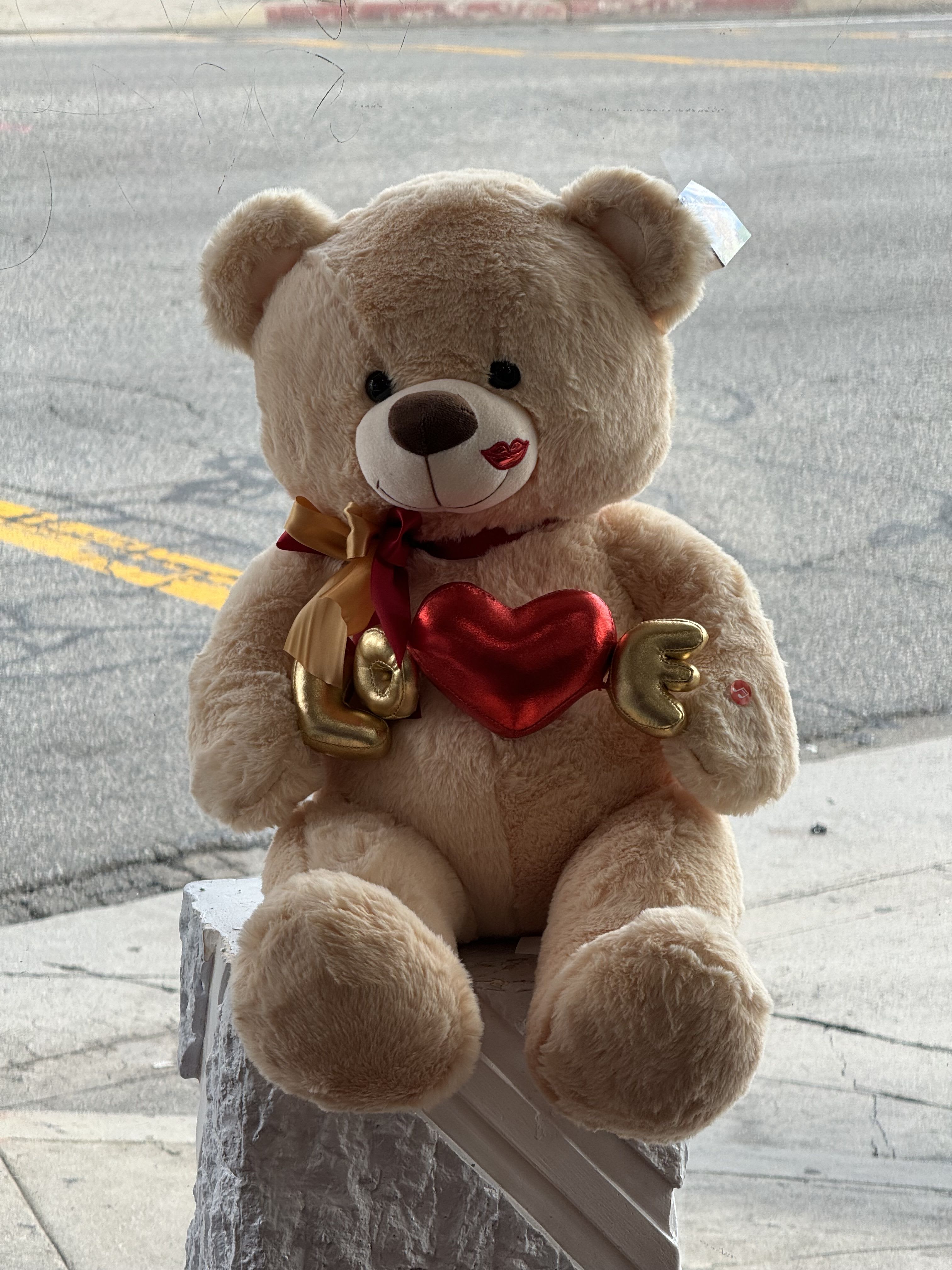 Plush teddy bear holding a red heart with the word Love