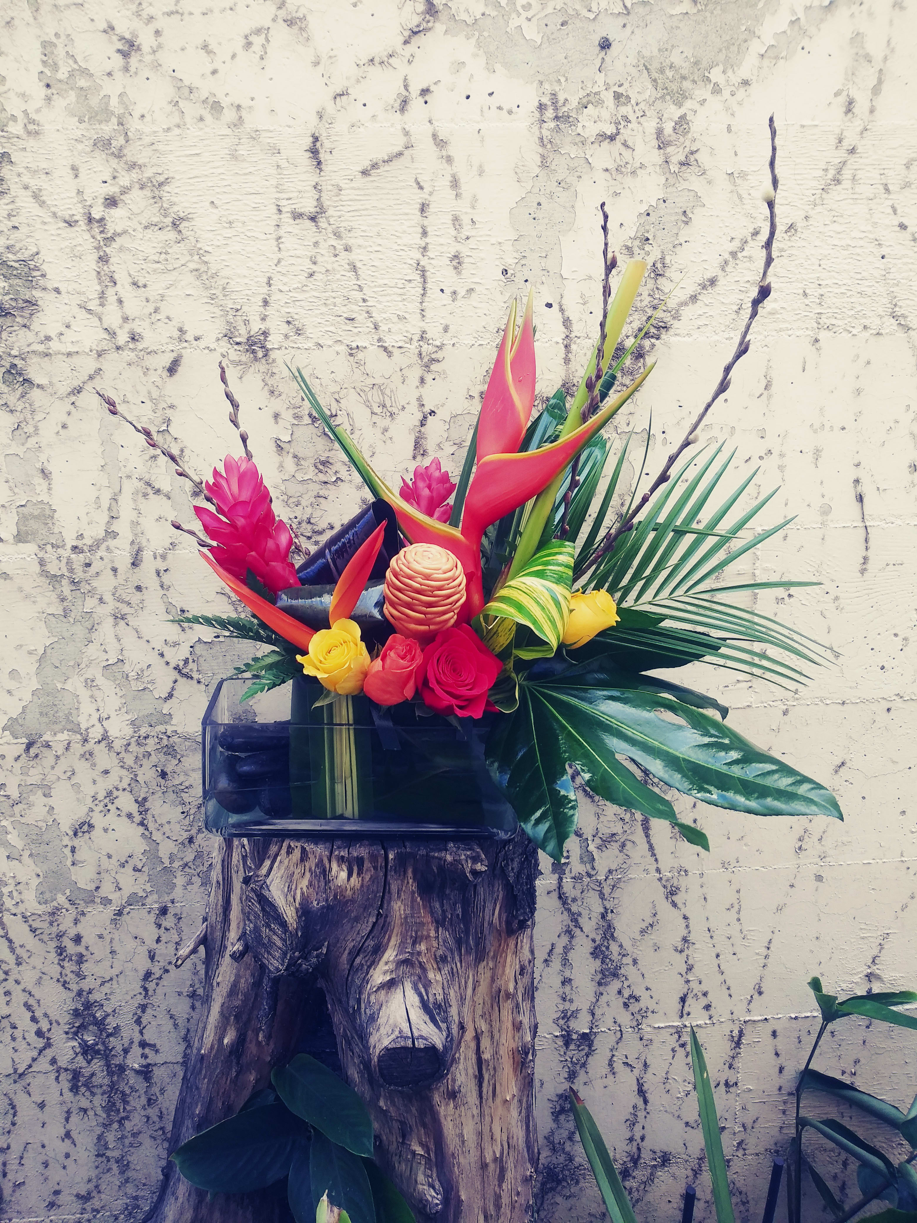 Tropical Escape - This is a tropical floral arrangement with black rock accents, is created with vibrant colorful flowers such as birds of paradise, ginger, roses and variegated leaves.