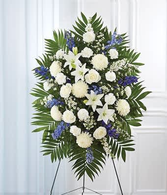 Blue and White Favorite Standing Spray - Blue and white Standing Flowers Sympathy arrangement