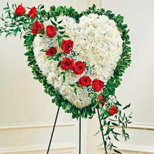 Sympathy Heart w/  12 Red Roses - Red Roses and White Carnation  or  other White Mums