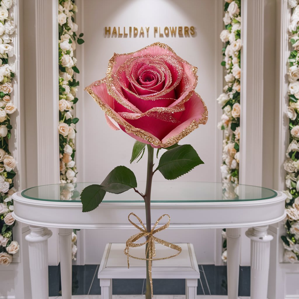 Single Pink Glitter Tip Rose  Wrapped - Pink Glitter Rose wrapped with Babies Breath and Greenery