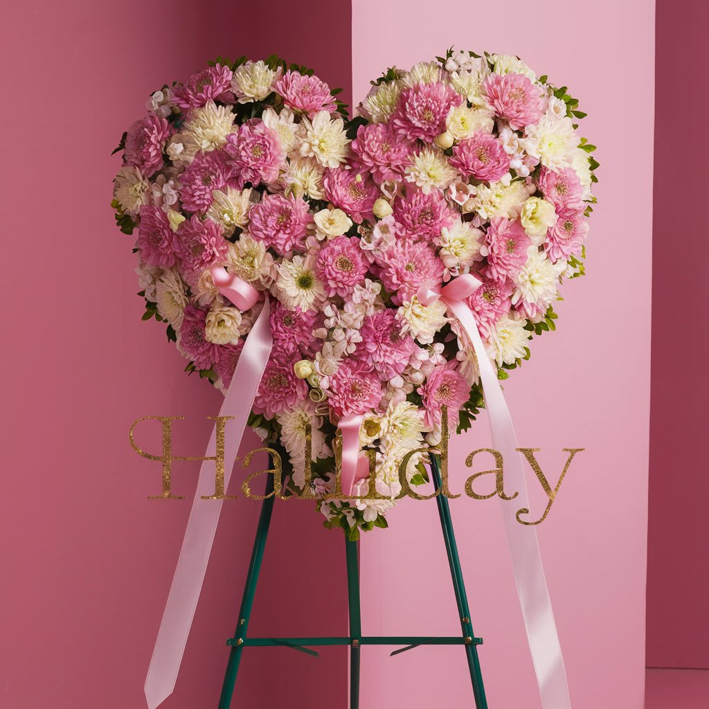 24 inch Pink and White Sympathy Heart - Mixed Pink and White Flowers on a Easel