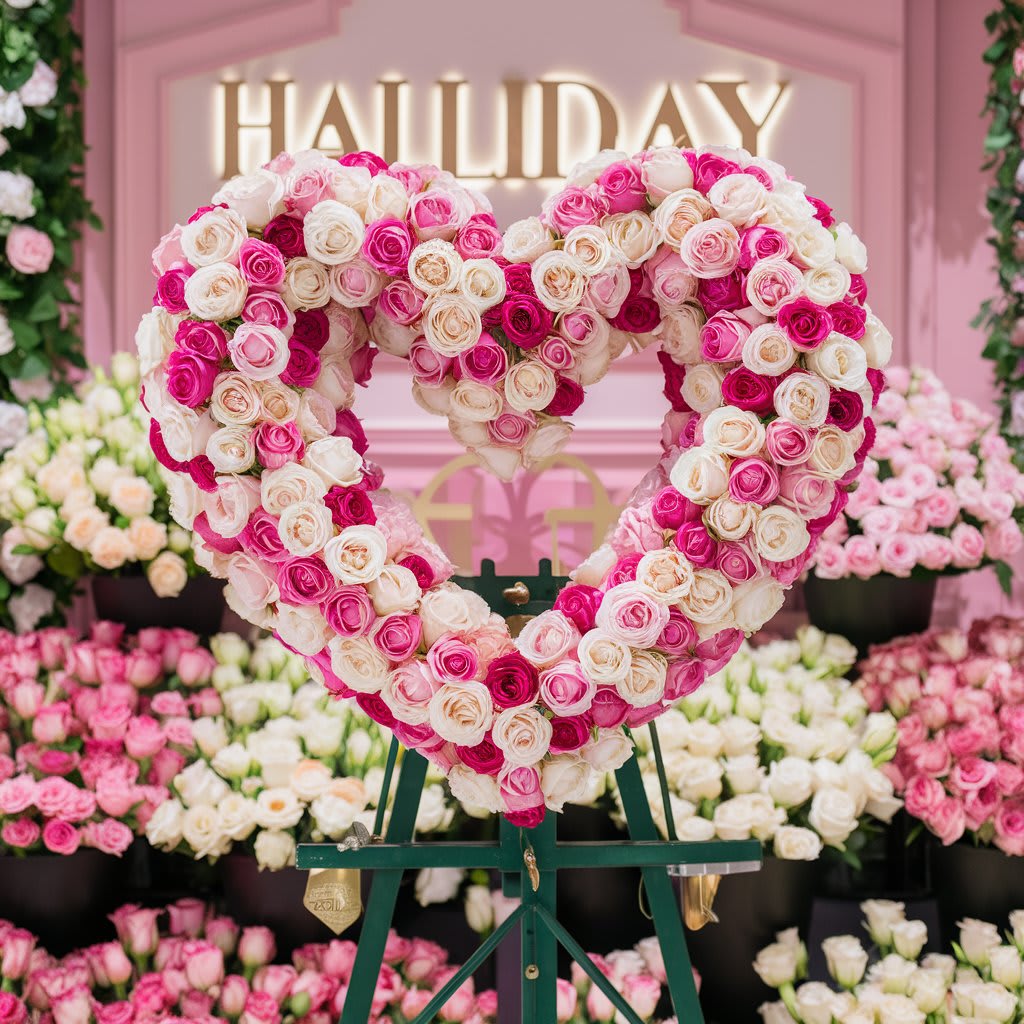 Hot Pink, White and Baby Pink Rose Open Sympathy Heart - Shades of Pink and white Open Heart Standing Spray