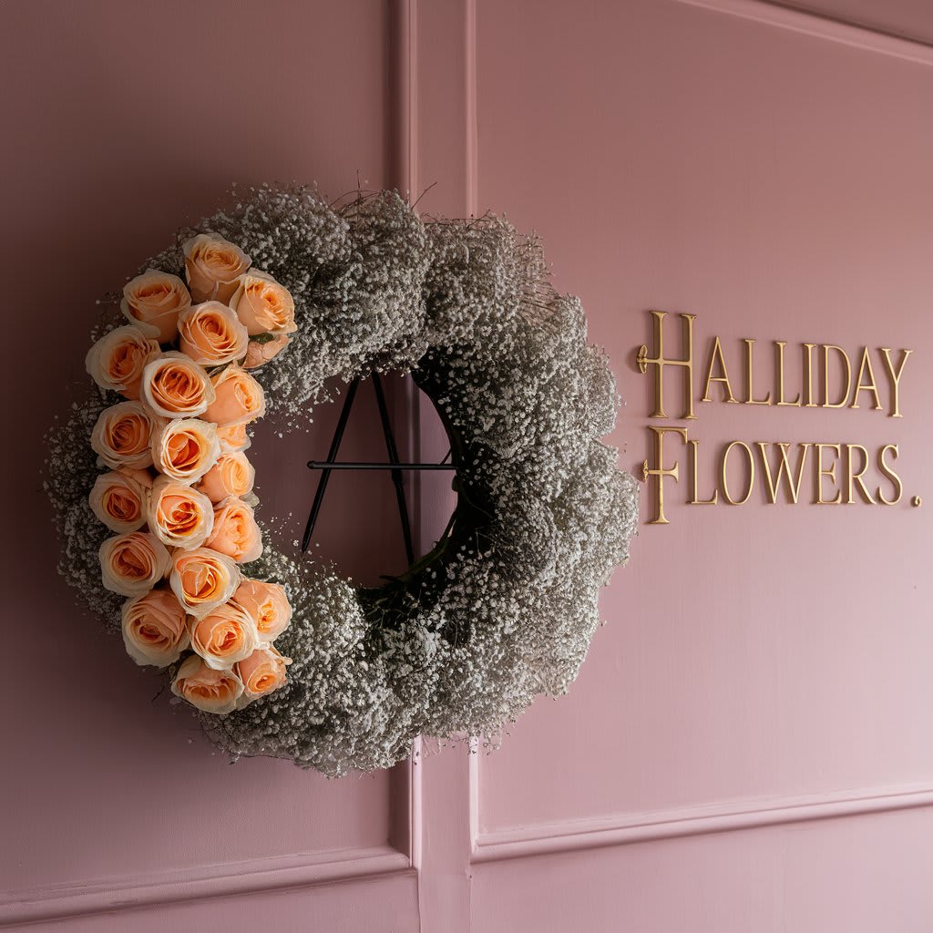 Cherished Memory. - A 24-inch funeral wreath, exquisitely designed with delicate baby's breath and  radiant peach roses.  The overall composition evokes a sense of beauty and sophistication, serving as a heartfelt and refined tribute to a cherished memory.,