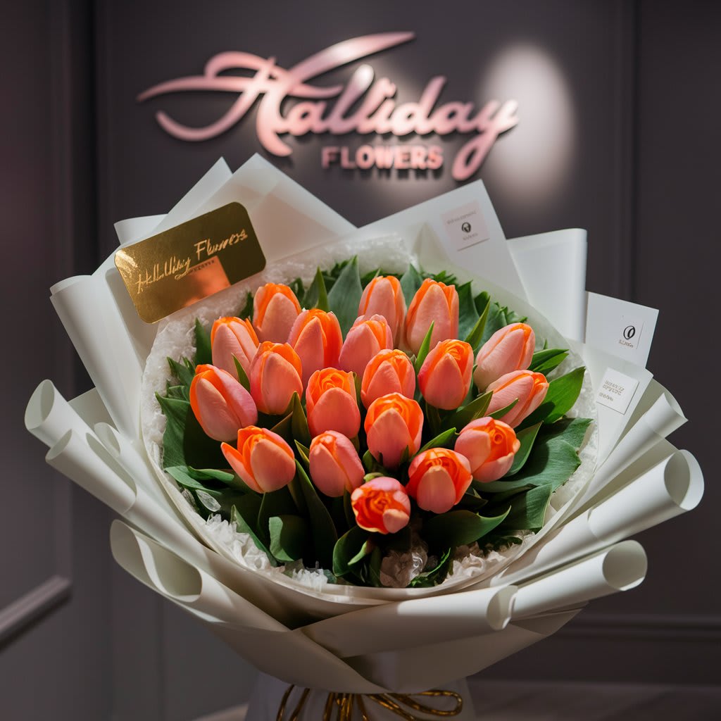 Tulips - A stunning and luxurious floral arrangement featuring, elegantly beautifully open bouquet of 10 orange tulips. The Tulips are wrapped in pristine white florist paper 