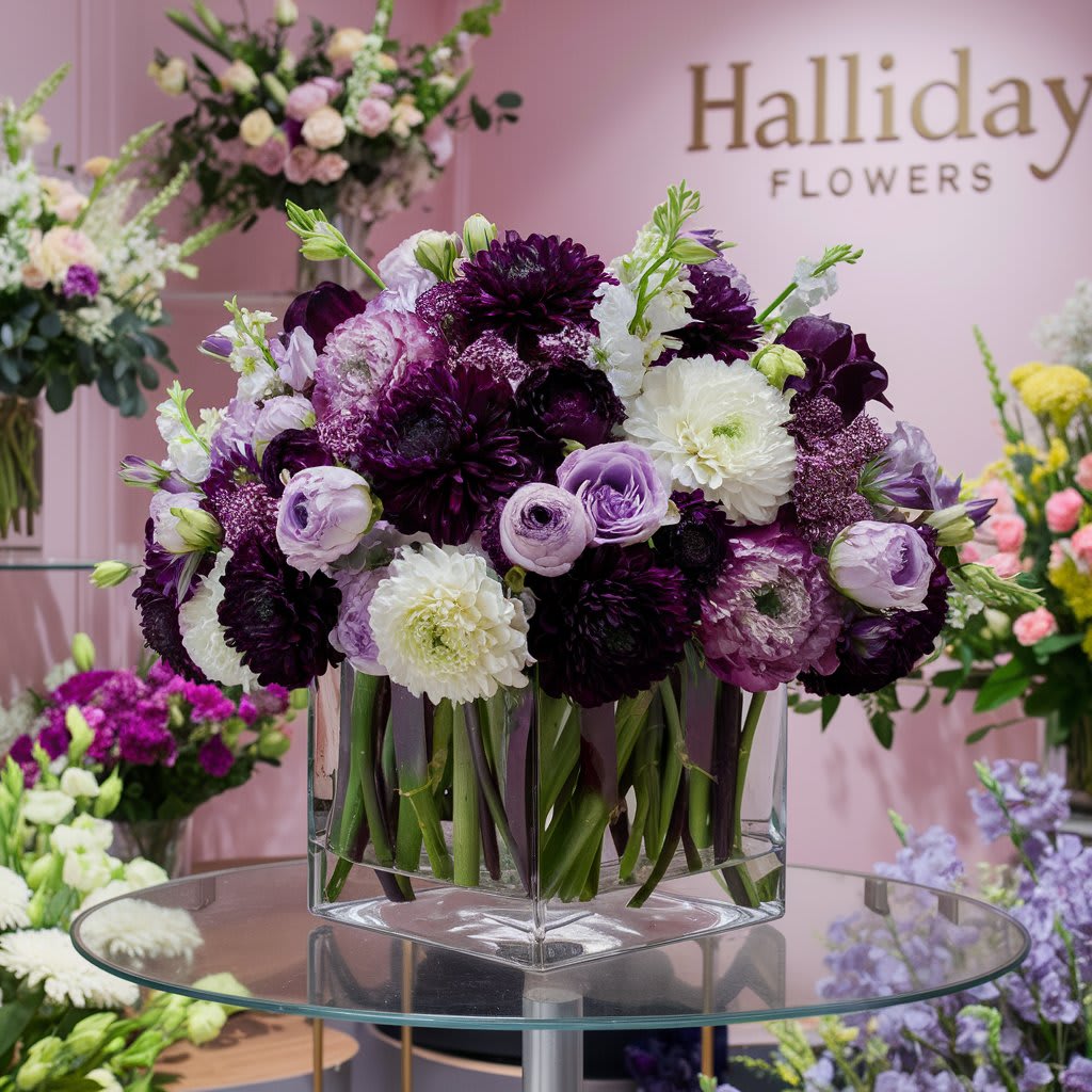 Purple &amp; - A stunning floral arrangement featuring a cube-shaped clear vase filled with a mix of dark purple, white, and lavender flowers. 