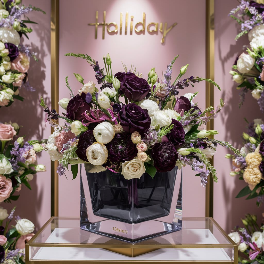 Purple Shade - A stunning floral arrangement featuring a 6x6 cube-shaped clear vase filled with a mix of dark purple, white, and lavender flowers. 