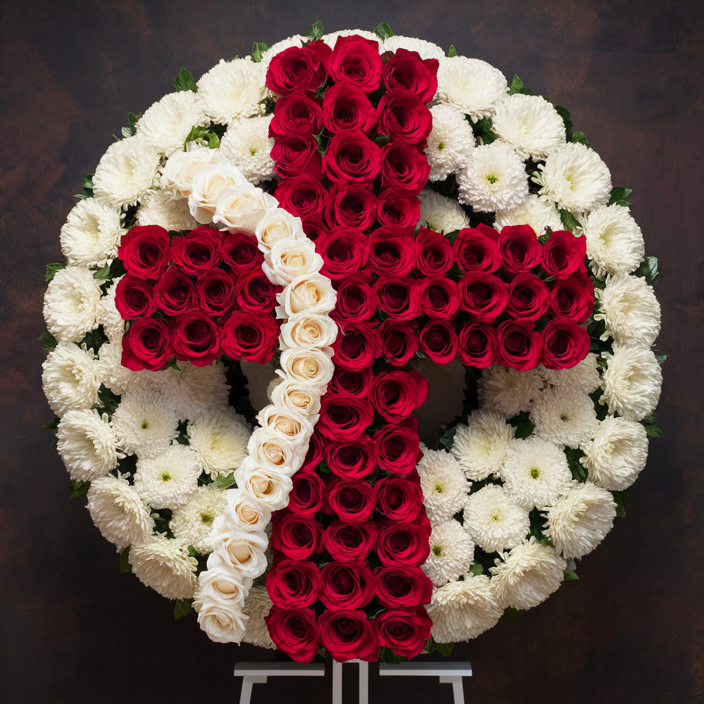 Red Rose Cross - 18 inch  Circle Wreath with a Red Rose cross in the center