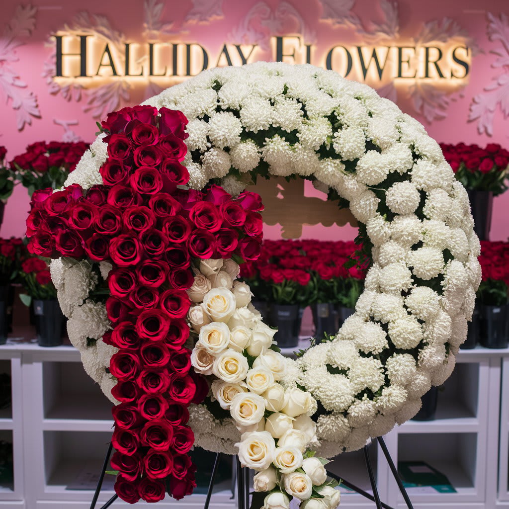 Elegant Sympathy Cross - A stunning floral arrangement featuring a 24-inch circle wreath adorned with white cushion mums, creating a symmetrical and elegant design. The left side of the wreath holds a 24-inch cross surrounded by vibrant red roses. adding a touch of contrast and depth. #wreath, sympathyflowers, #redandwhitefuneralflowers, #reallocalfloristhaywardca, #redcross, #funeralflowers