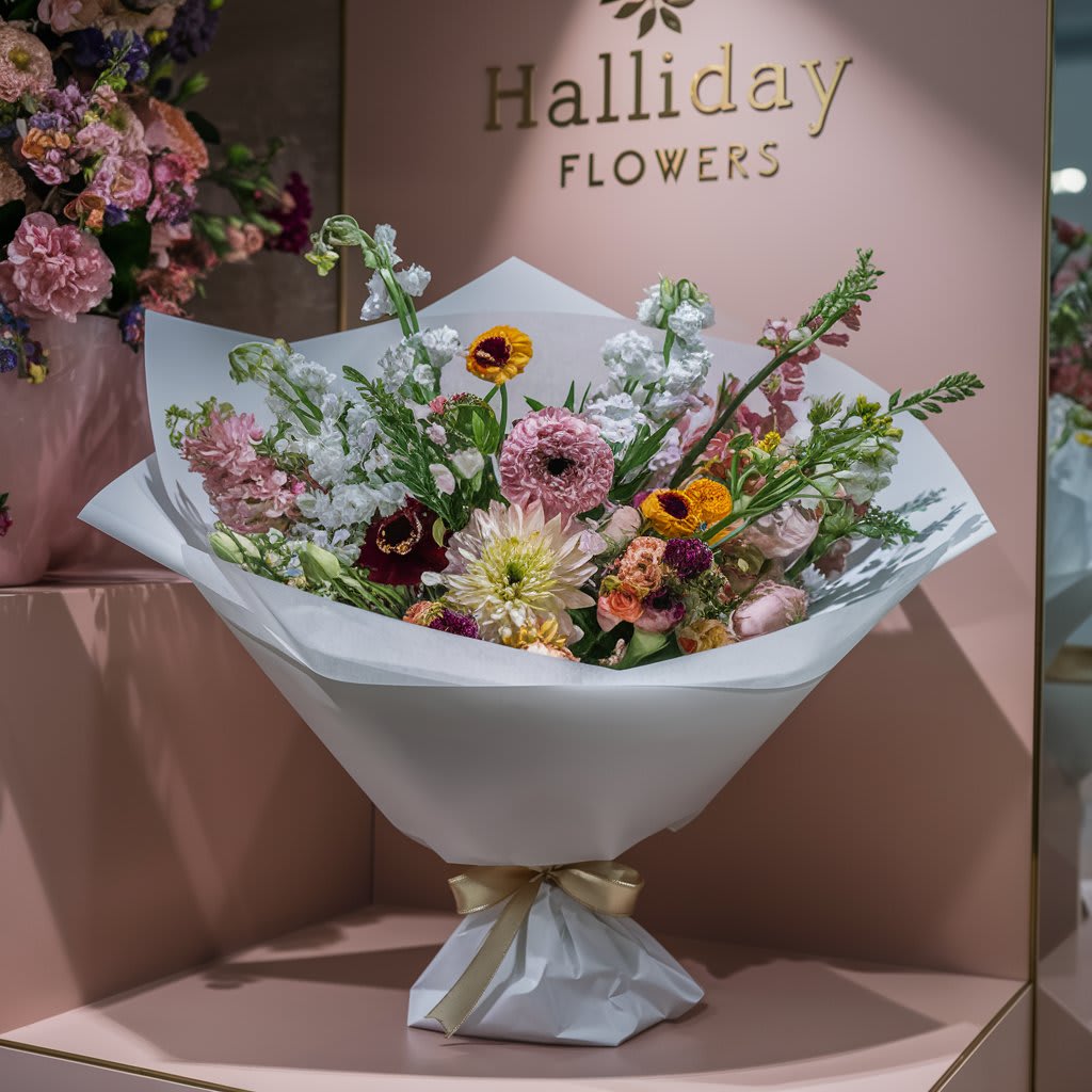 Mixed Bouquet 4 - A captivating  beautiful bouquet of mixed flowers, wrapped elegantly in a single sheet of white paper.