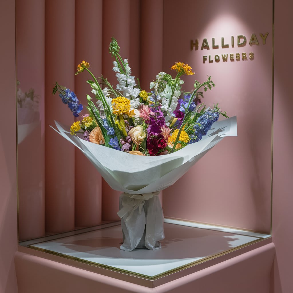 Mixed Bouquet 5 - A captivating  beautiful bouquet of mixed flowers, wrapped elegantly in a single sheet of white paper.