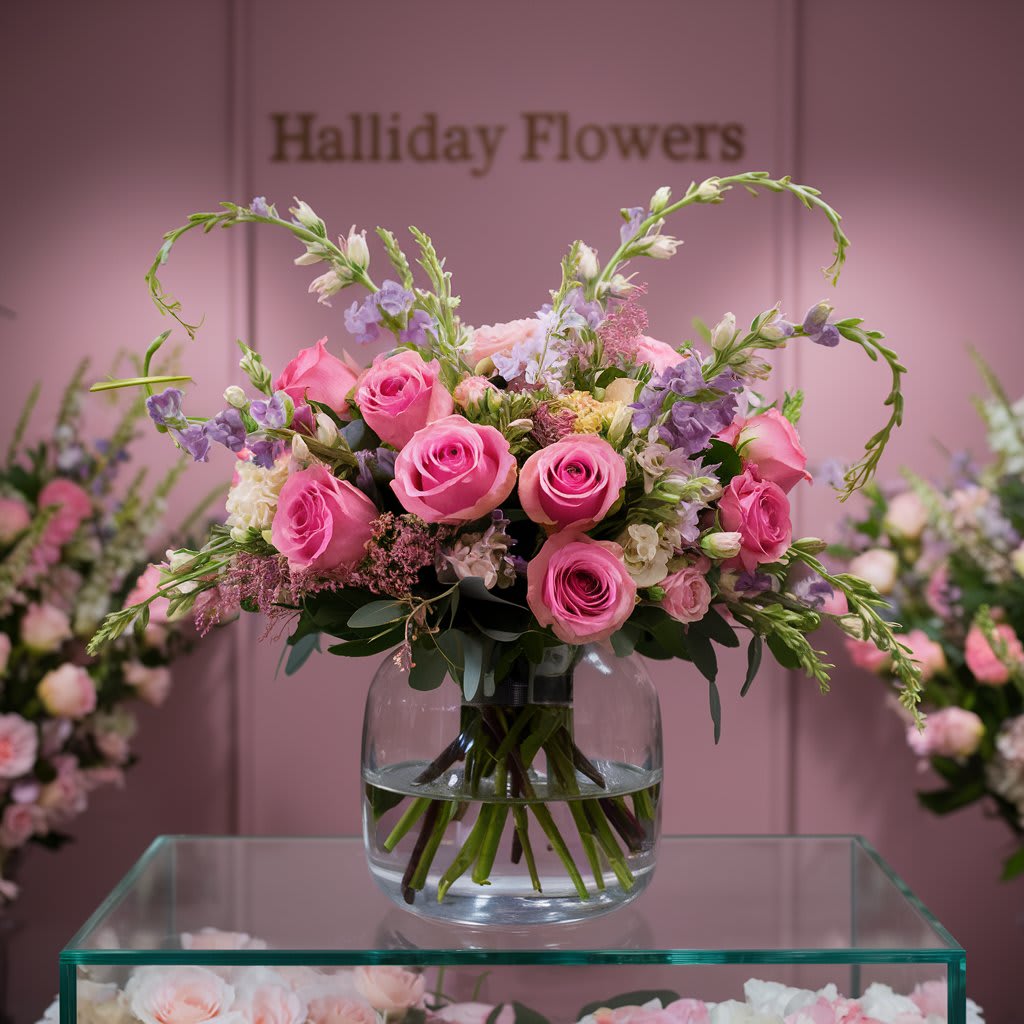 Shades of Pink and Lavender - The arrangement features a mixture of vibrant pink and lavender flowers, artfully placed in a clear glass vase. 