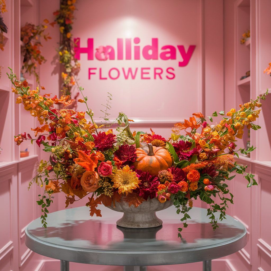 The essence of autumn by Halliday Flowers - A captivating  flawlessly arranged autumn floral display adorned with an exquisite assortment of vibrant flowers in shades of orange, red, and yellow The autumn arrangement is further enhanced by a delicate sprinkle of fall foliage and a rustic pumpkin, creating a warm and comforting atmosphere.