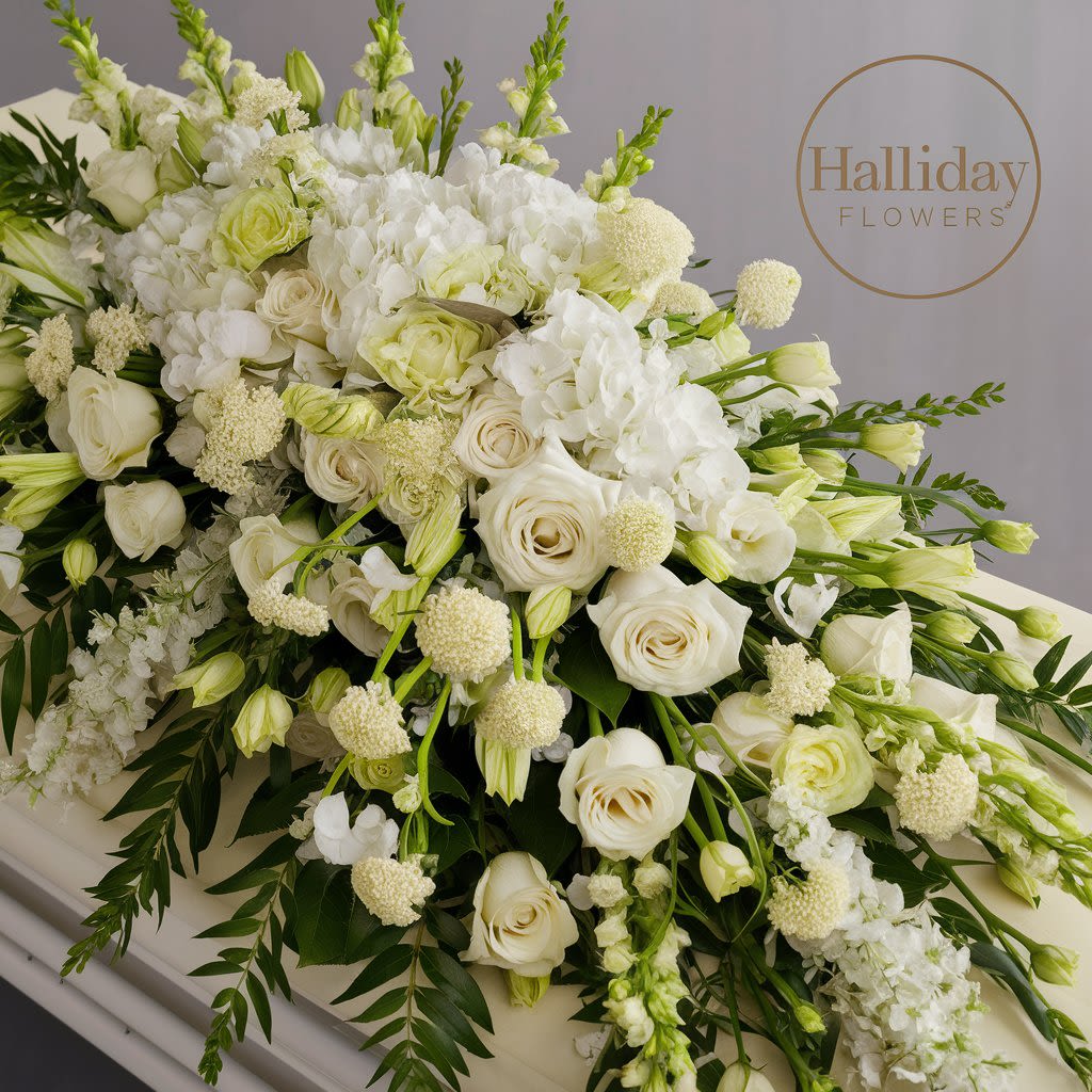 Luxurious casket spray by Halliday Flowers -  Luxurious casket spray overflowing with an array of white and ivory flowers. The arrangement includes beautiful roses, snapdragons, lilies, and hydrangeas, accentuated by  leaves. The overall effect is a radiant, ethereal display that exudes elegance and sophistication. #whitecasketspray,#whitesympathyspray,#flowersinhayward