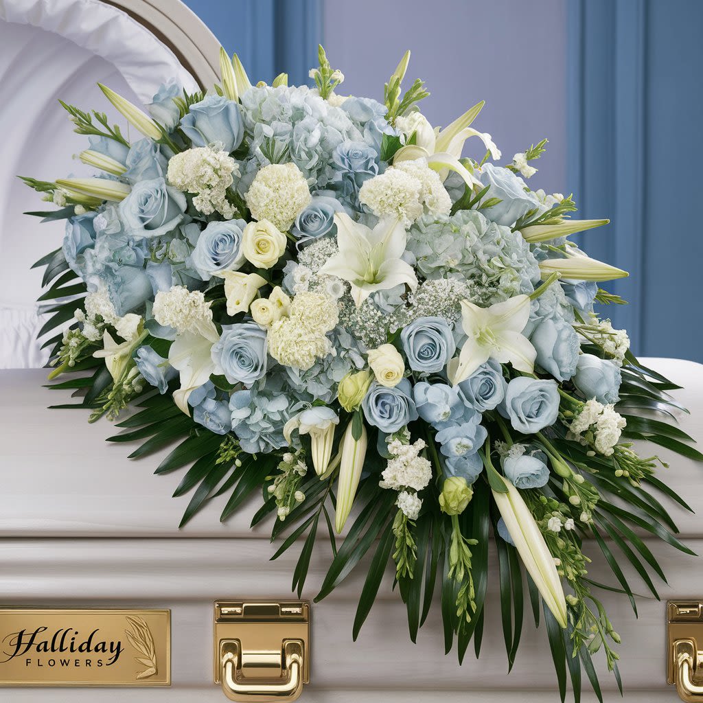 Sophisticated Tribute.by Halliday Flowers - A stunning and elegant  Casket Spray, a lush arrangement of light blue and white flowers, including roses, snapdragons, lilies, and hydrangeas. The bouquet is accentuated by delicate greenery and  leaves, creating a harmonious blend of soft blue and ivory hues. symbolizing the exceptional quality and craftsmanship of this sophisticated tribute.