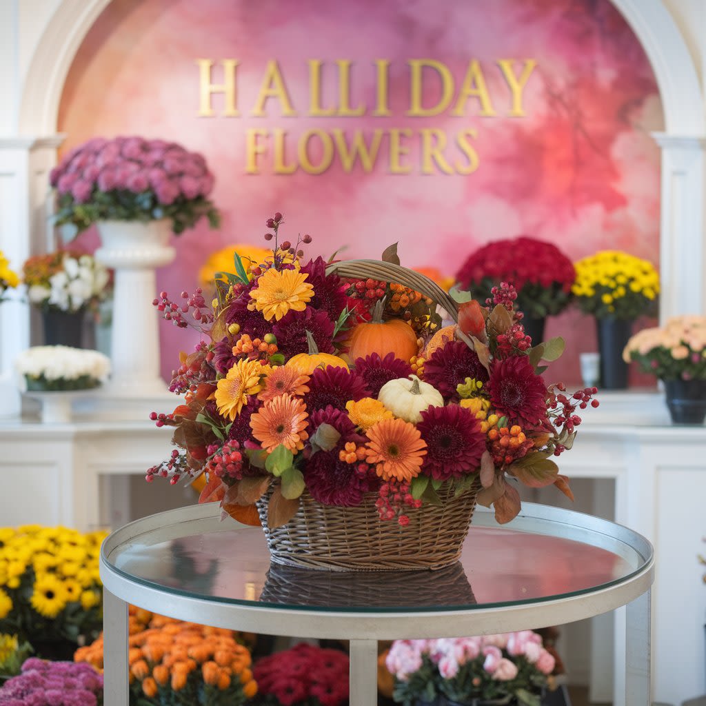 Basket of Autumn by Halliday Flowers - A basket of autumn flowers with bright, deep colors. The flowers are in a basket and  include mums, pumpkins, and berries. 