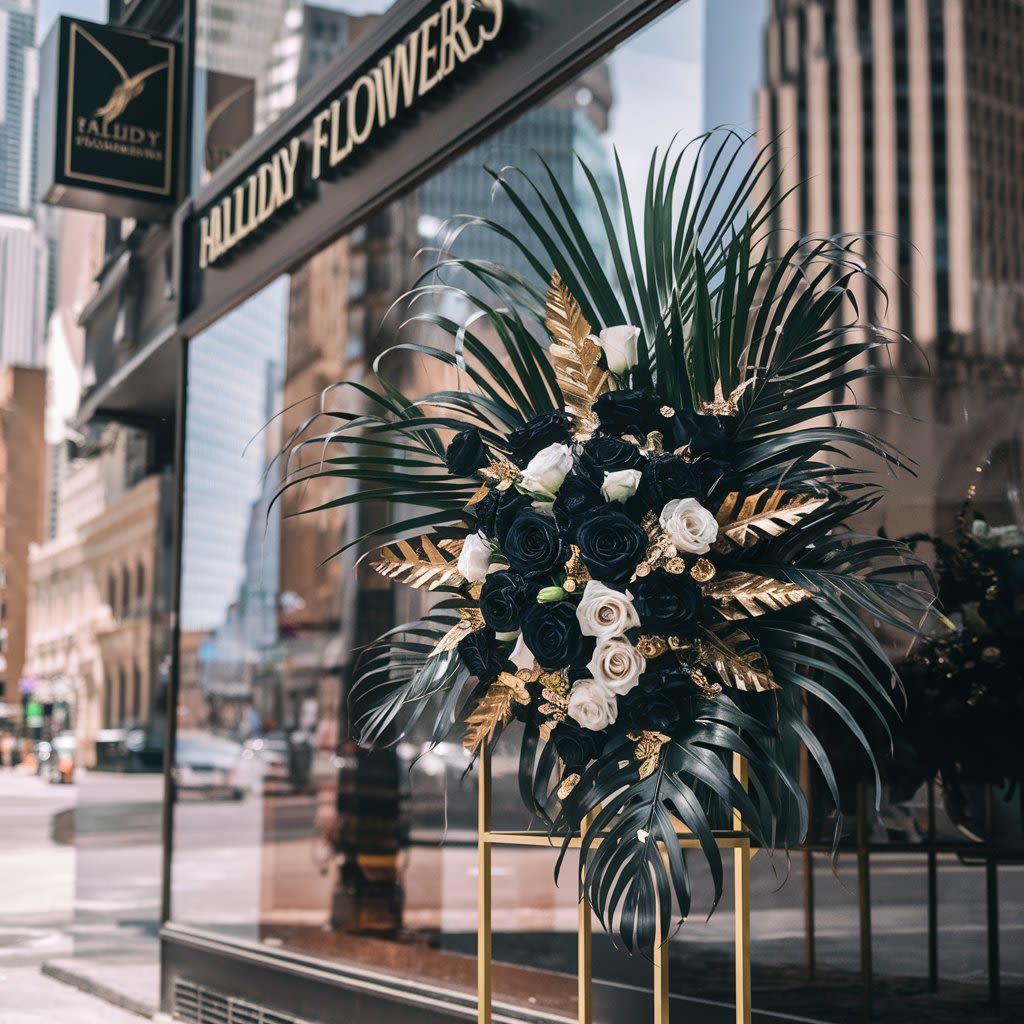 Exquisite Black and Gold by Halliday Flowers - An exquisite black and gold display. The arrangement features an elegant and dark combination of black and white roses, black palm, tea leaves, and gold leaf, creating a striking contrast against the gold stand. . The overall arrangement is sophisticated and modern, perfect for those who appreciate the finer things in life. #blackandgold, #goldandwhite, #partydecor, #classydecor, #blackandwhiteflowerarrangements, #entrancedisplay