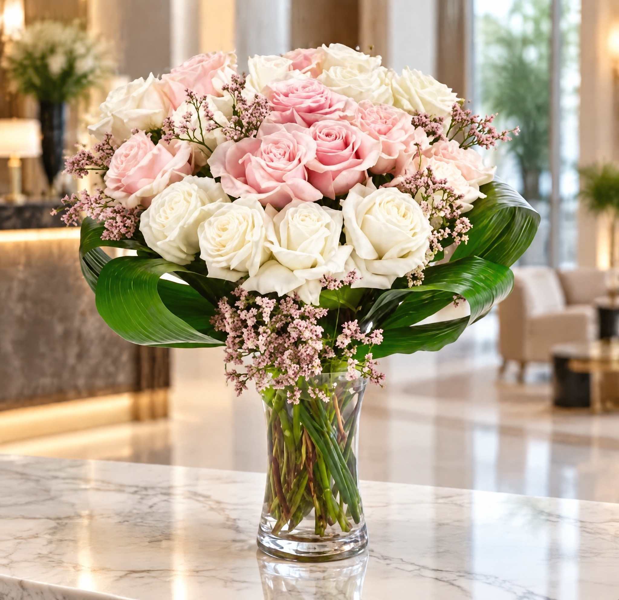 Pink and white roses arranged in a clear glass vase