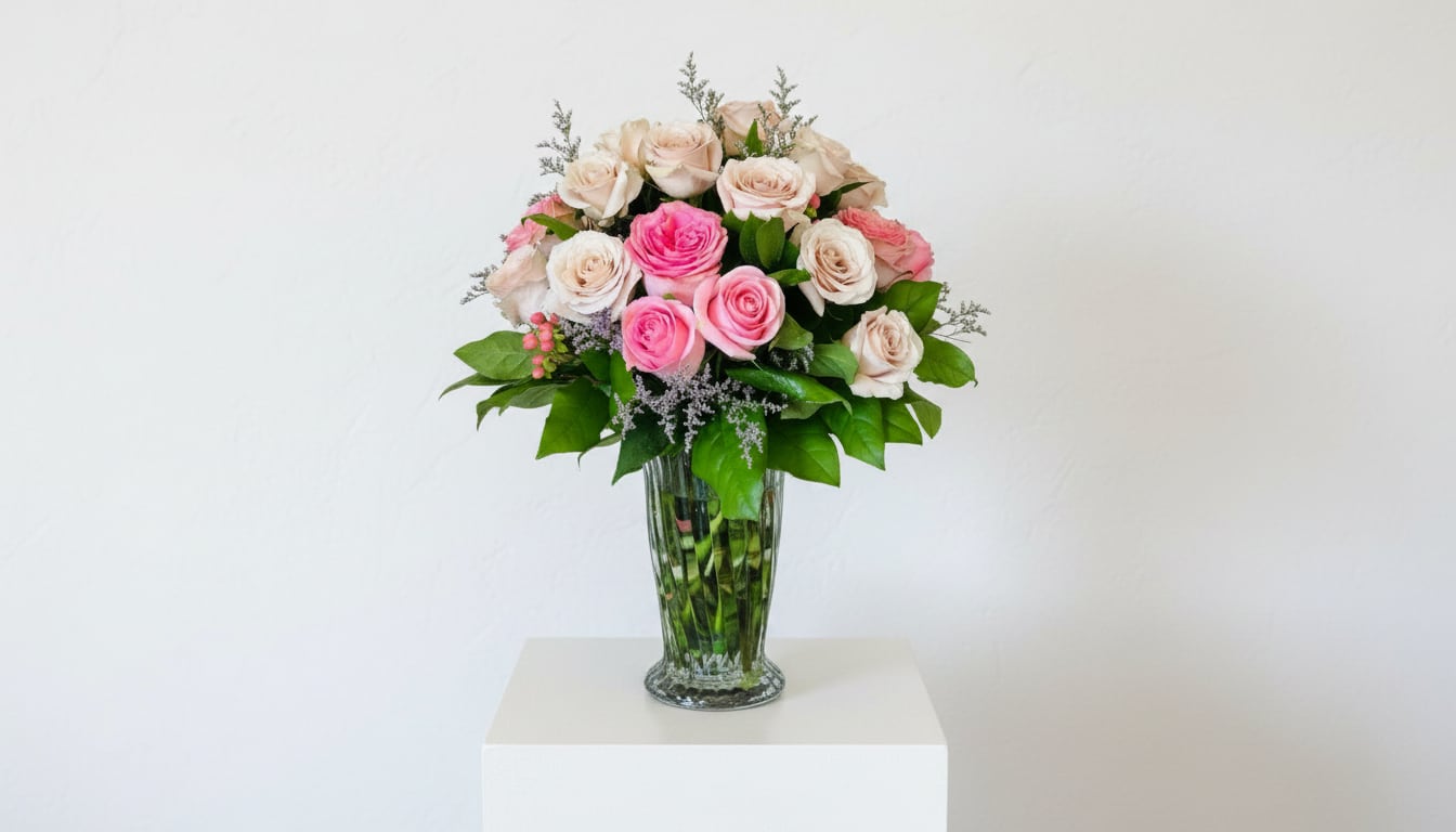 Pink and cream roses arranged in a clear glass vase