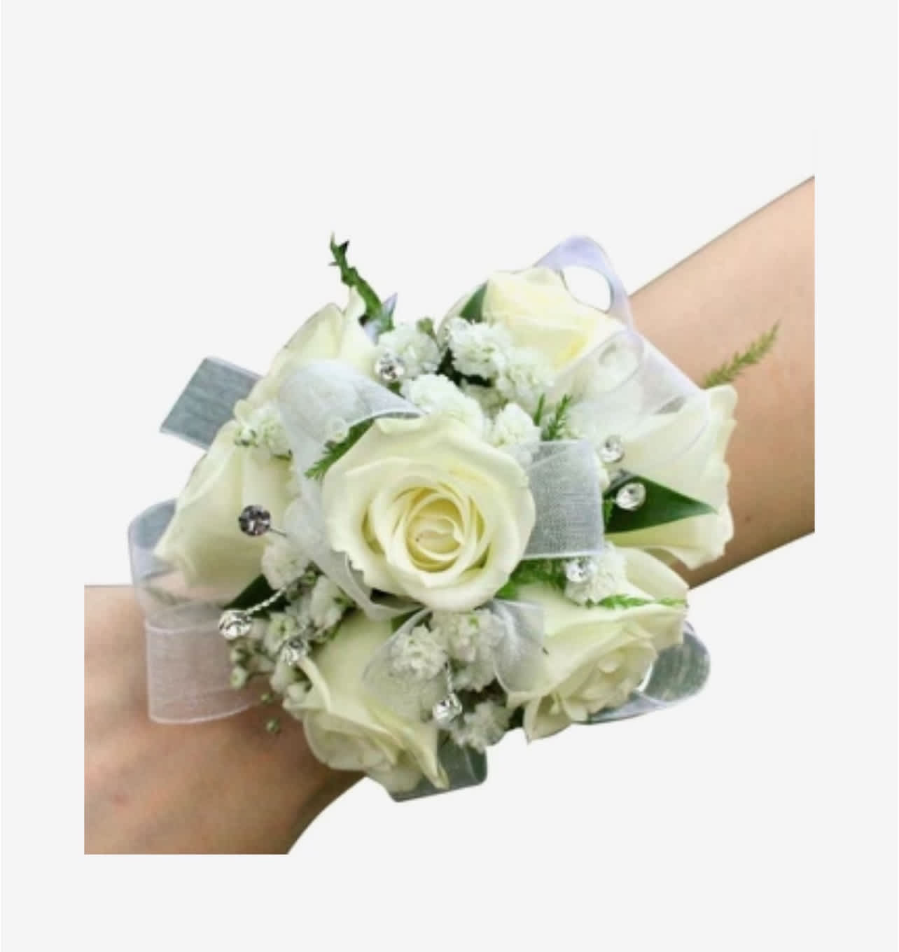 White rose wrist corsage with silver ribbon and small crystal accents