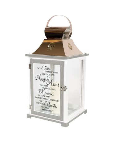 White memorial lantern with a printed sympathy message