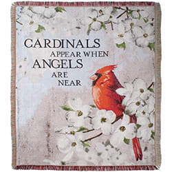 Decorative blanket with a red cardinal and the words "Cardinals appear when angels are near"