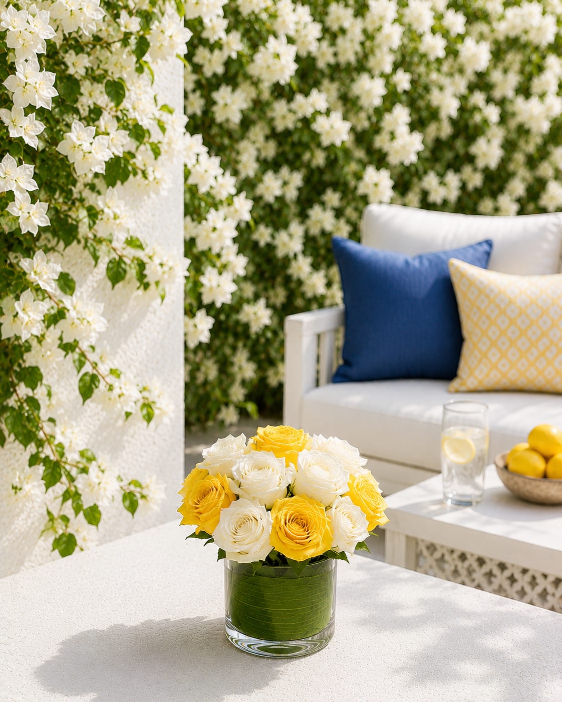 Touch of Happy - A compact cluster of yellow and white roses creates a bright, cheerful statement-perfect as a birthday bouquet, a thank-you gift, or a housewarming arrangement. The sunny yellow roses lift the mood while the soft white blooms add a calming, elegant balance, so the person you're thinking of will feel both celebrated and genuinely seen.  Arranged tightly in a clear glass vase, this composition reads fresh and modern against clean white seating and cool blue accents. The low, table-ready size makes it ideal for entryways, coffee tables, or kitchen islands; it arrives ready to display in the included glass vase. For best care, keep water fresh and trim stems every few days so the roses stay lively throughout the week.