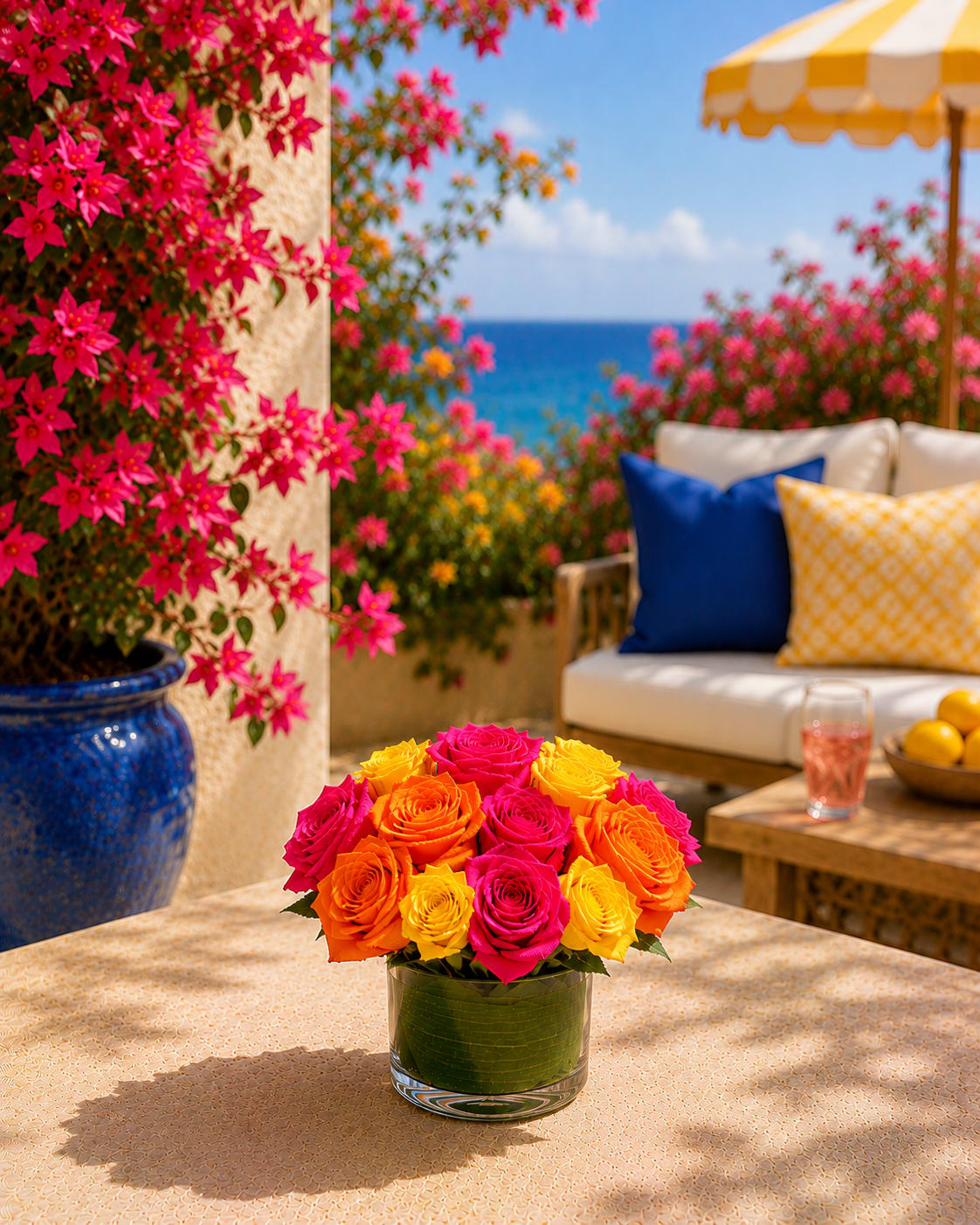 Touch of Melody - A vibrant dome of roses in vivid pink, yellow, and orange makes a joyful statement - perfect as a birthday bouquet, a congratulations arrangement, or a warm-weather gift to brighten someone's day. The compact, rounded silhouette reads festive and tropical, the kind of floral surprise that will make the person you're thinking of feel celebrated and noticed.  Tightly packed roses sit in a clear cylindrical glass vase for a clean, modern look that lets the saturated colors take center stage. The palette of hot pink, sunny yellow, and warm orange is balanced by fresh green foliage and arranged low for an easy, table-friendly profile. The finished arrangement is ideal for tabletops, patio gatherings, or a bedside pick-me-up.  Send this cheerful centerpiece to mark a milestone, extend thanks, or simply say you care - it reads as both relaxed and celebratory, especially fitting for seaside or outdoor occasions. Arrangement size and vase are included; to keep the roses fresh, change the water every couple of days and trim stems slightly if needed when refreshing the display.