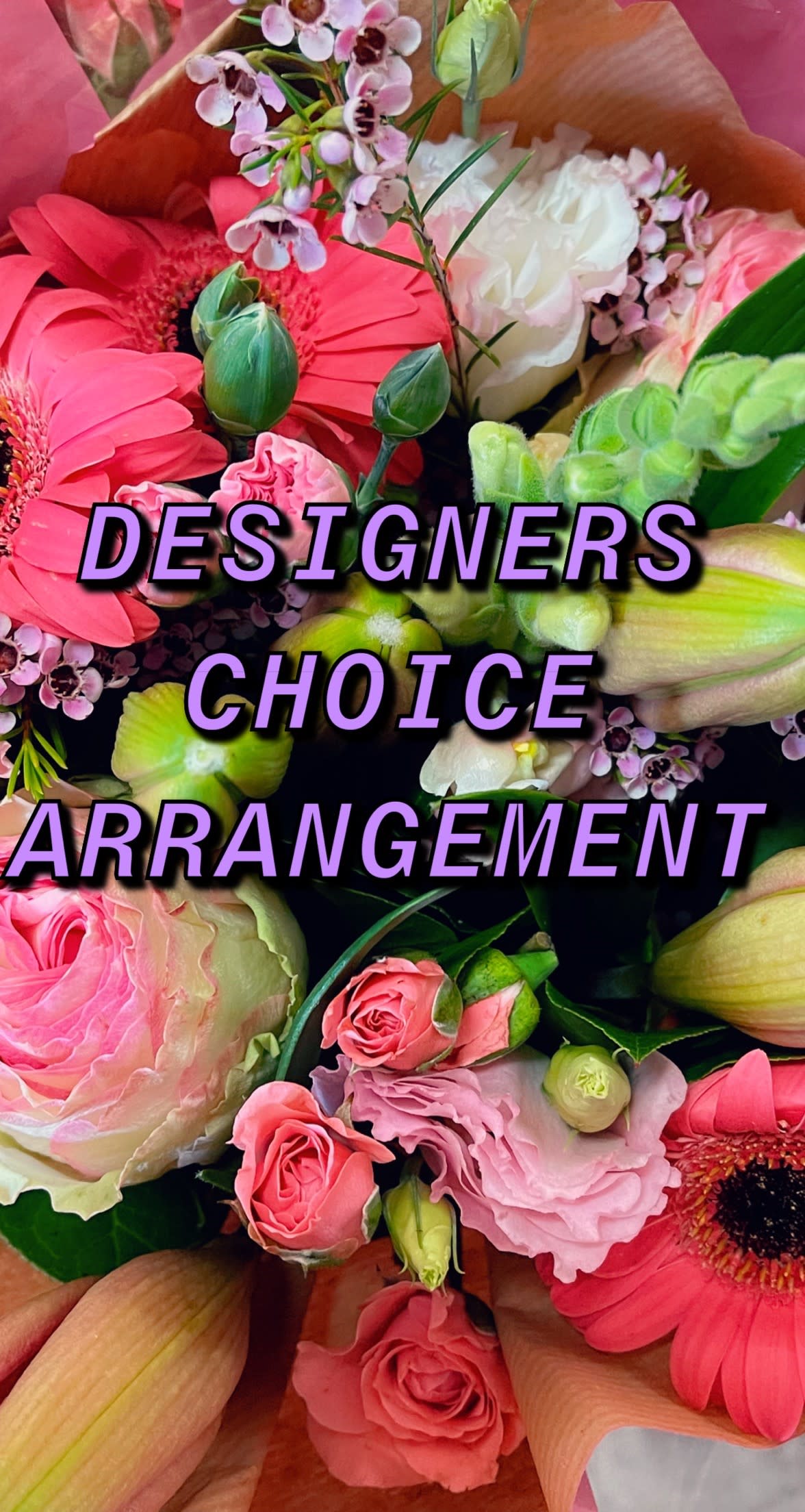 Mixed bouquet with pink gerbera daisies, roses, lilies, and small blossoms