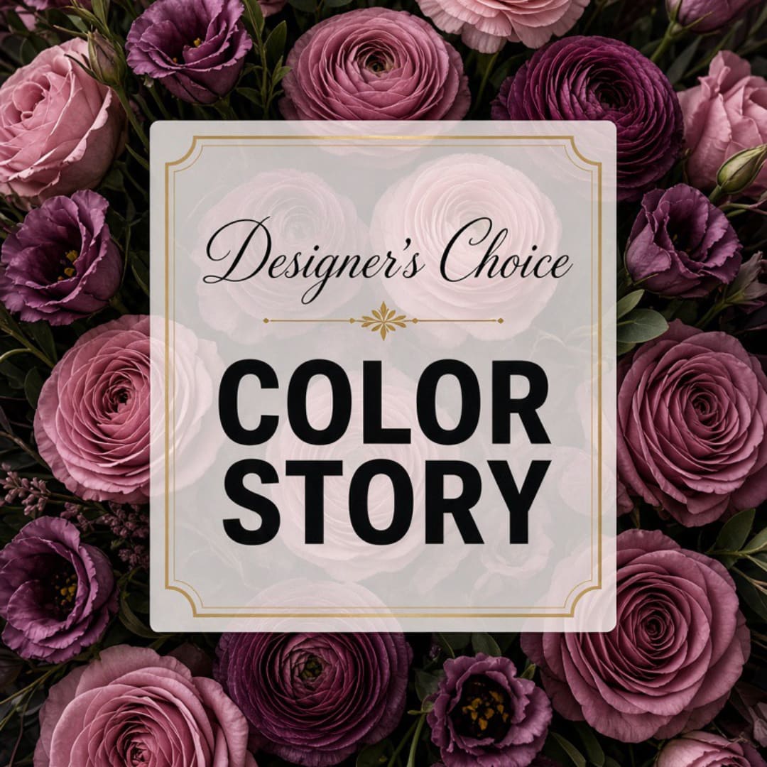 Purple and pink roses with a centered "Designer’s Choice Color Story" card