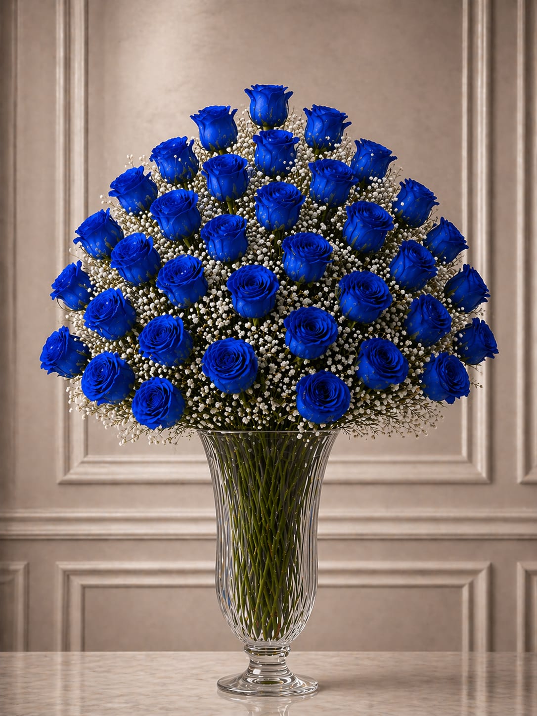 blue sky - A striking cluster of vivid blue roses takes center stage in this blue-and-white floral arrangement-perfect as a birthday bouquet, anniversary roses, or a thoughtful just-because gift for the person you want to surprise. The bold sapphire hue of the roses creates an immediately memorable impression; paired with crisp white filler blooms, the arrangement reads as both elegant and slightly dramatic, the kind of gift that makes someone feel truly seen.  Tightly gathered in a clear glass vase, the rounded silhouette emphasizes the richness of the blue petals while the small white flowers add a soft, airy texture that brightens the composition. Green stems are visible through the vase, providing clean vertical lines and a fresh, natural contrast to the saturated blooms. The overall look is polished and formal without feeling stiff-suitable for celebrating milestones or sending warm, attentive thoughtfulness.  This arrangement is designed to make the recipient feel celebrated and remembered. Order in standard sizing for an intimate display or choose a larger size if you want a more commanding centerpiece; simple care-fresh water and a cool spot away from direct sun-will keep the roses looking their best for days.