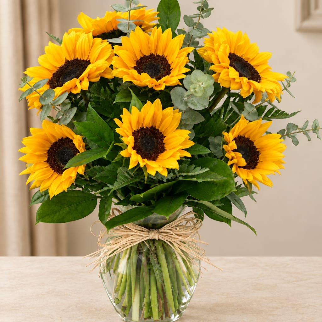 Bouquet of yellow sunflowers in a clear glass vase