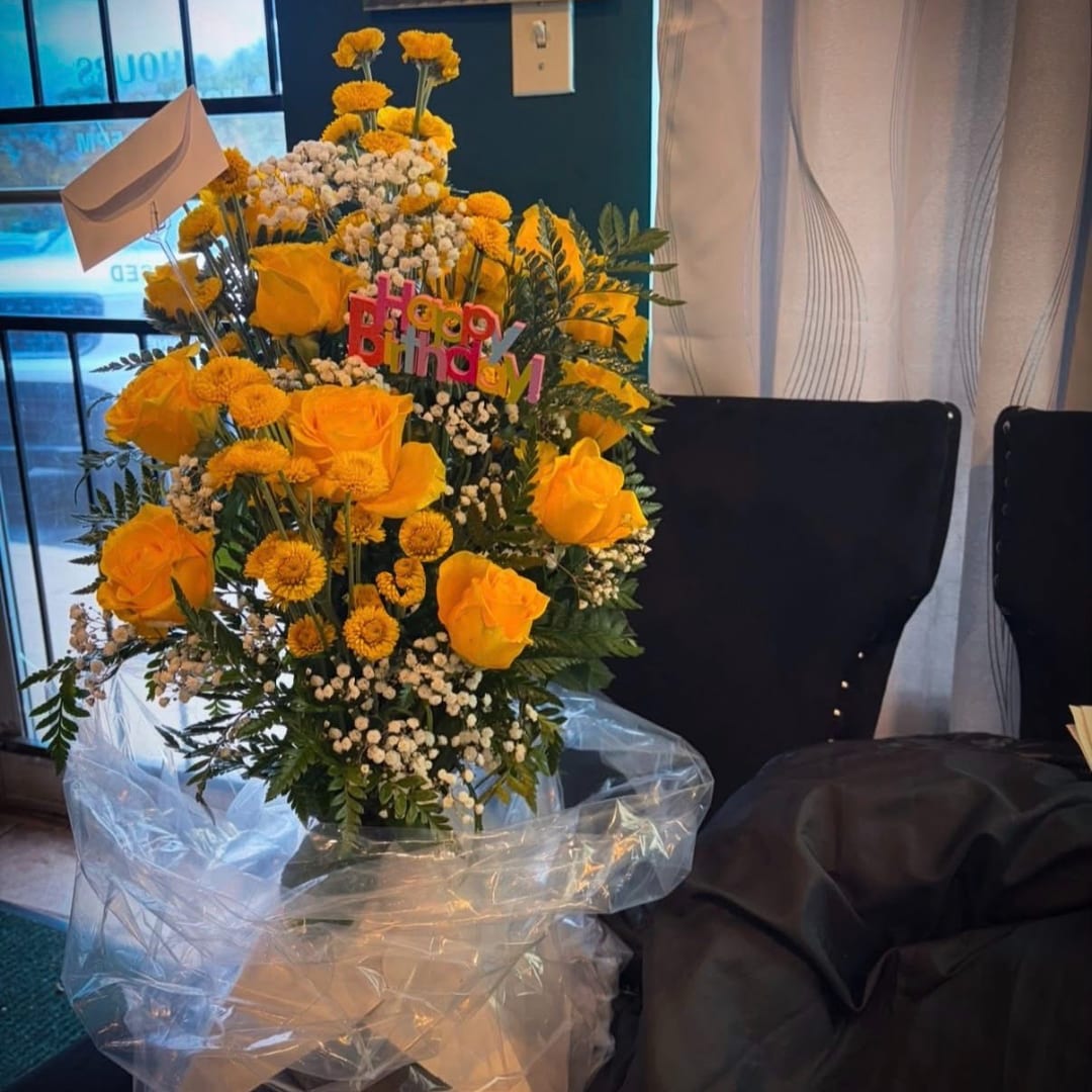 Yellow rose and chrysanthemum bouquet with a Happy Birthday topper