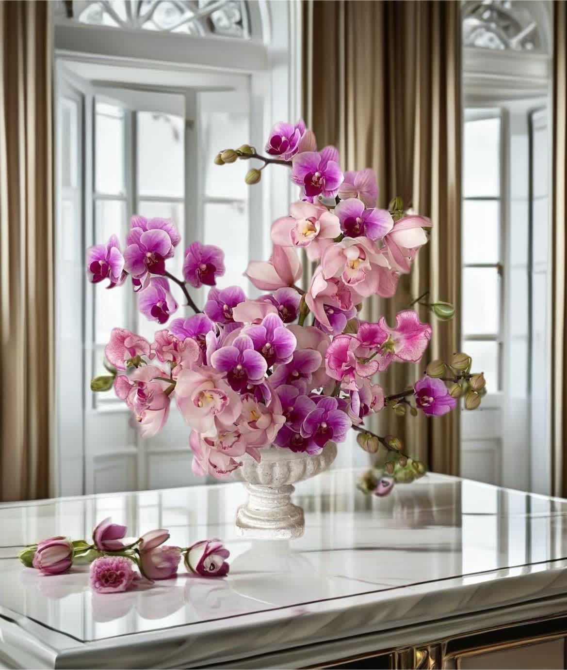 Pink and purple orchid arrangement in a white pedestal vase