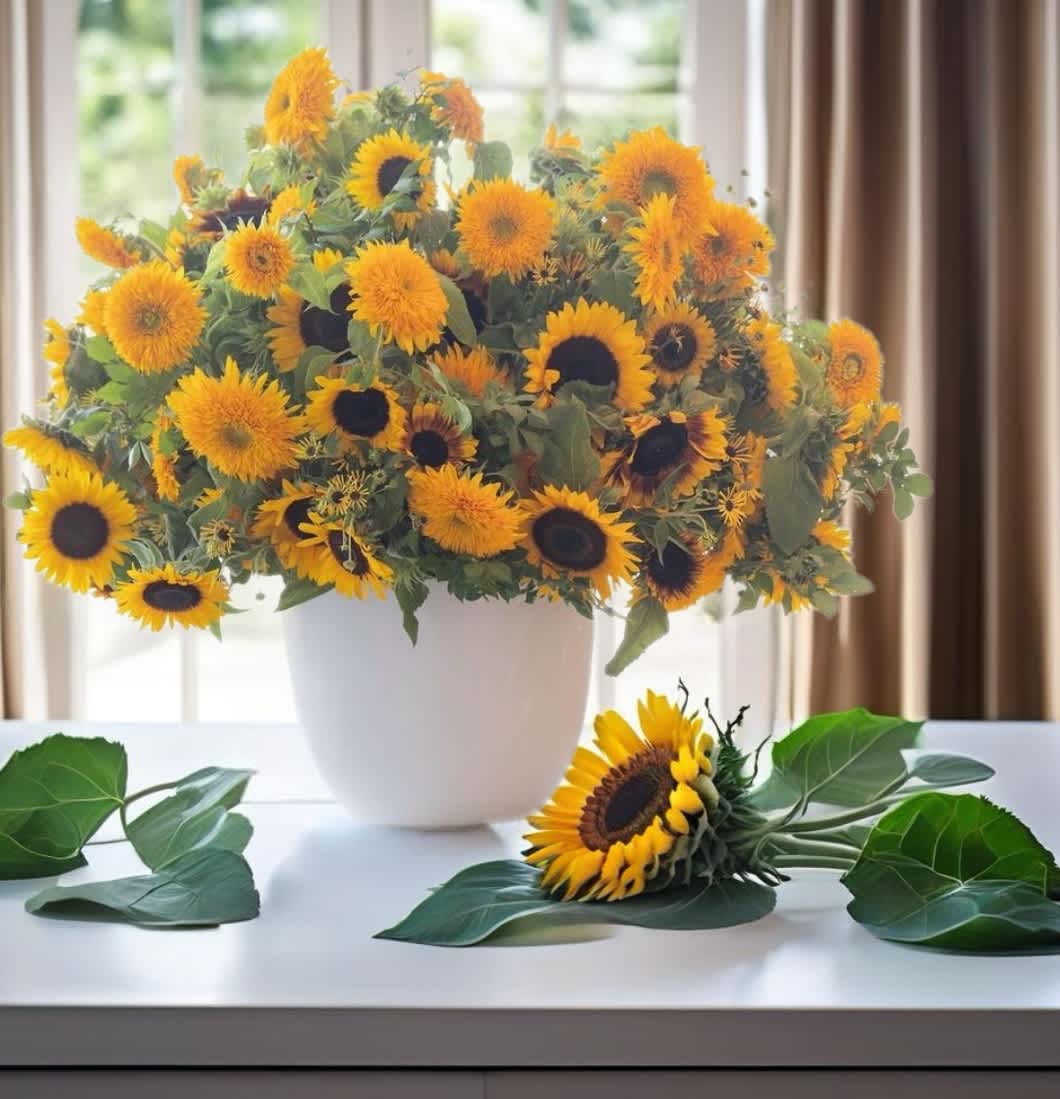 Large bouquet of sunflowers in a white vase with loose leaves on a table