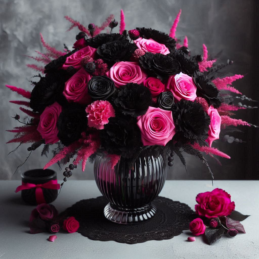 Anti-Valentine's Day Bouquet - Love is in the air...try not to breathe.  Maybe you're not a fan of Valentine's Day! We can certainly make an Anti-Valentine's Day Bouquet for your Boooooo   Featuring natural and synthetic dark shades, like my soul.   Don't be my Valentine, be my Ghoulfriend.  THIS PRODUCT CONTAINS PAINT, STAINS, AND/OR DYES TO PRESERVE THE COLOR THEME PRESENTED HERE. FLOWERS MAY EMIT FUMES. THE COLORS DEPICTED HERE DO NOT OCCUR IN NATURE. ALL SALES ARE FINAL. PLEASE CONTACT US FOR QUESTIONS REGARDING THIS ARRANGEMENT. 