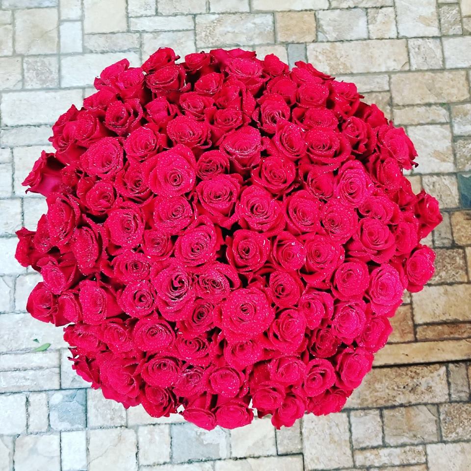 Large round bouquet of red roses