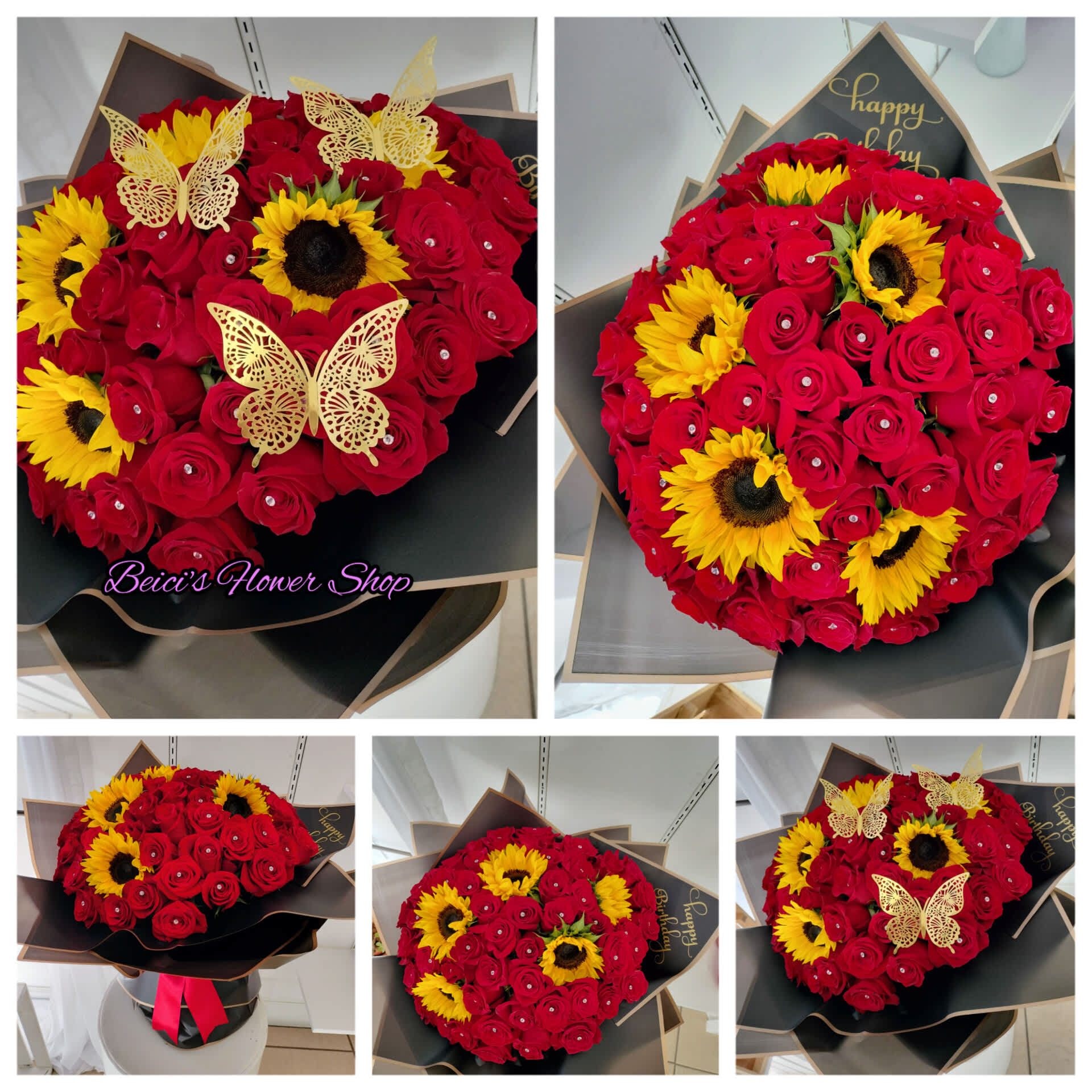 Bouquet of red roses and yellow sunflowers with butterfly decorations